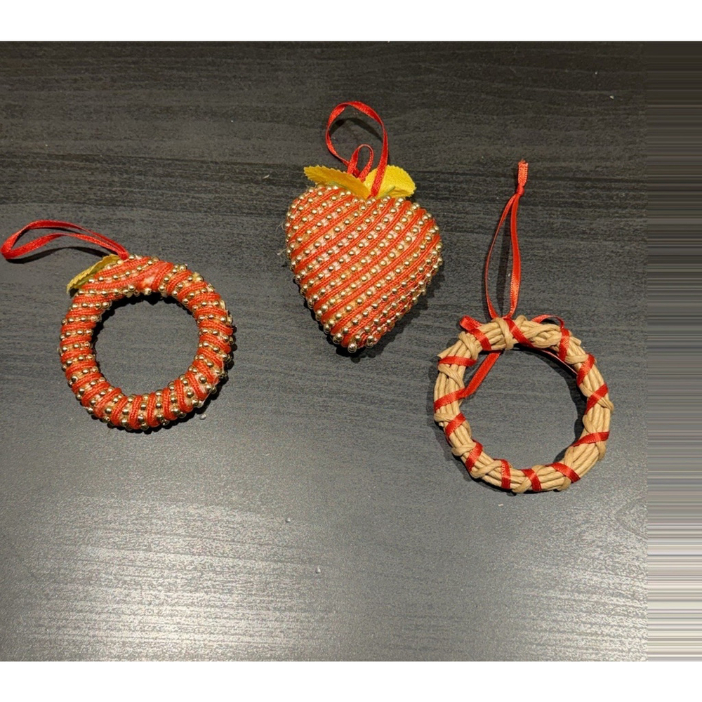 Vtg Straw & Beaded Ornaments 3 Piece Set Cottagecoreβ Rustic Folk Art Christmas